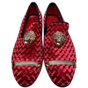 Meijiana Velvet Loafers Men’s 12 Red‎ Gold Lion Crest Slip-On Dress Shoes NWOB